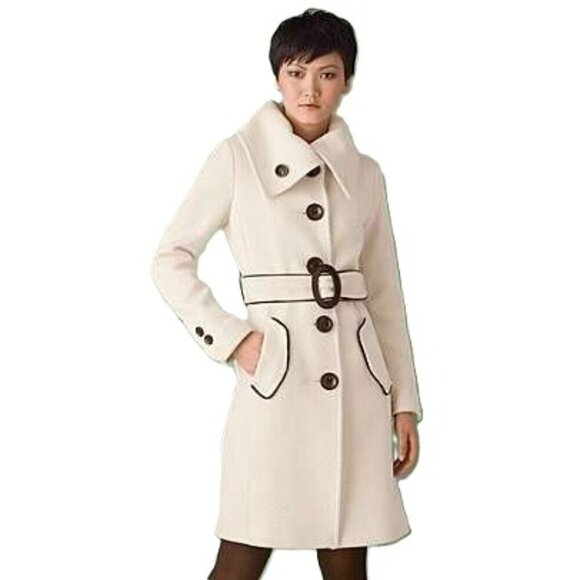 Soia & Kyo Jackets & Blazers - Soïa & Kyo Wool Mid-Length Coat Ivory W/ Brown Trim Pipping Detail Belted Size S